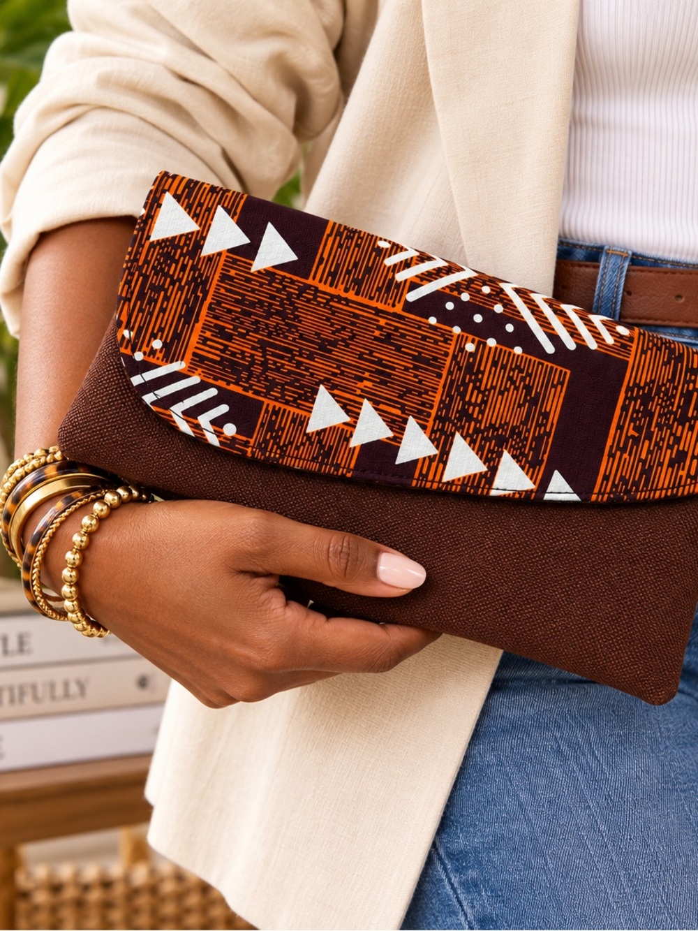 Stylish Brown & Orange Patterned Clutch